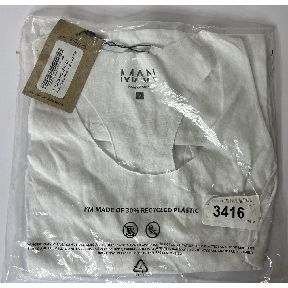 BooHoo Man White Racerback Vest Raw Edge Tank Mens Medium